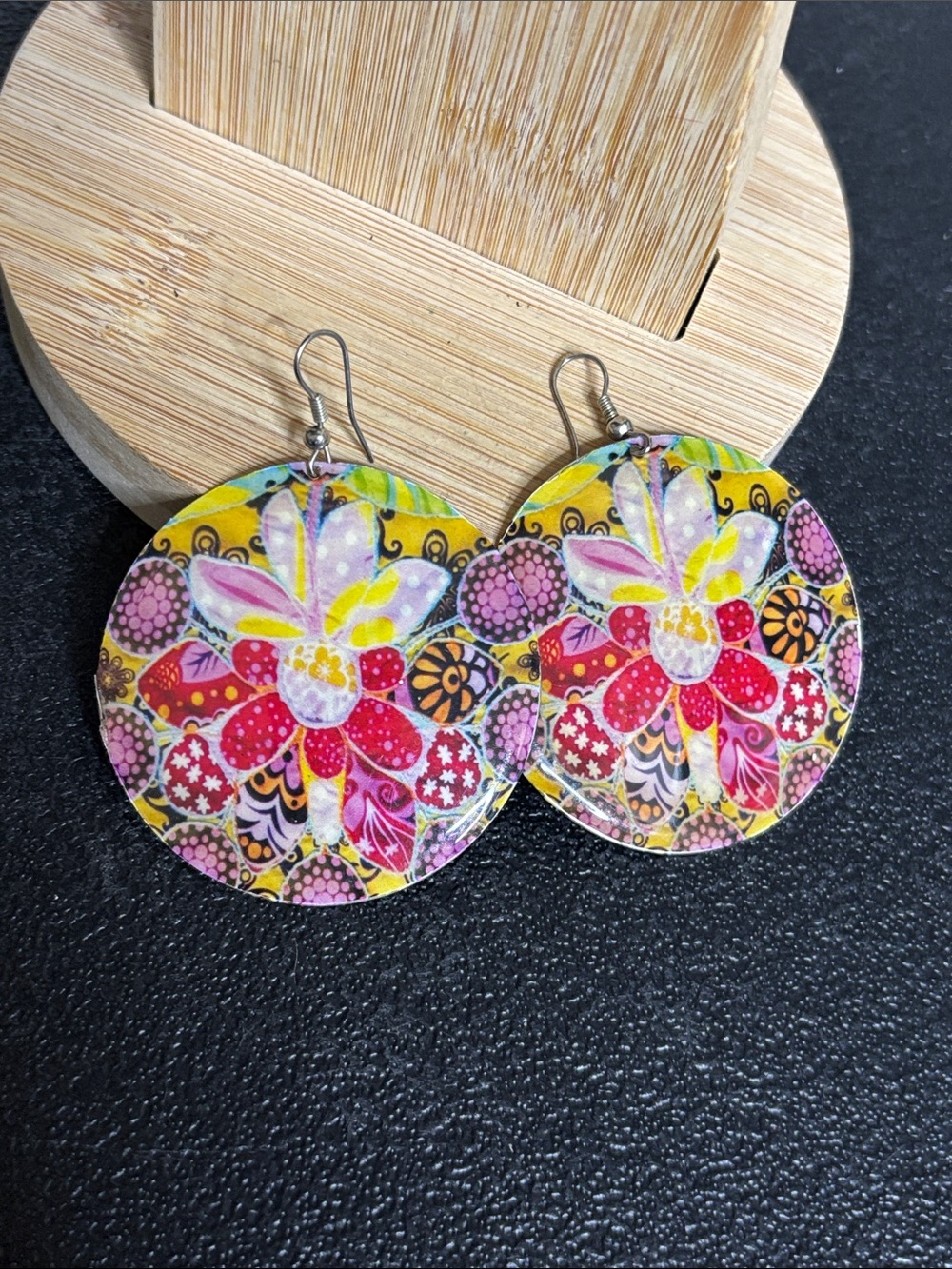 Vibrant Floral Round Dangle Earrings - Yellow & Pink